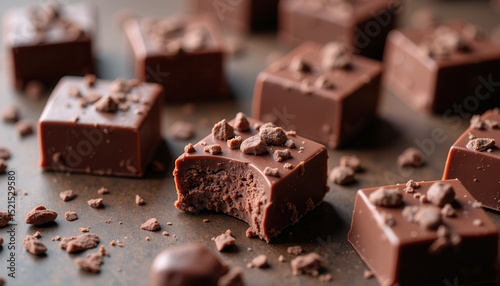 Chocolate pieces with cacao nibs on rustic surface