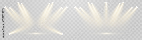 Vector 3d podium with spotlights png. Scene spotlight beams, studio lighting. Empty stage or pedestal. Podium for award ceremony, product presentation. Bright lighting with spotlights.