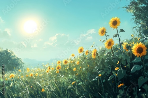Serene sunflower field with tall blooms and a bright sun.