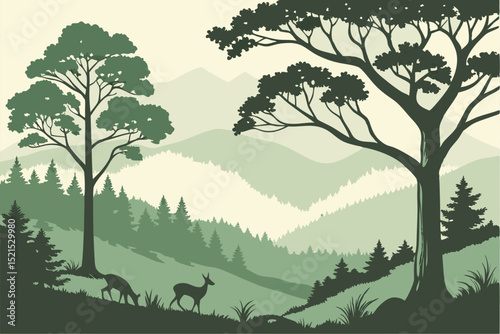 vector mountains forest woodland background texture seamless pattern with Roe deers