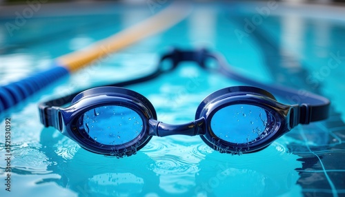 Swimming goggles resting on clear aqua pool water