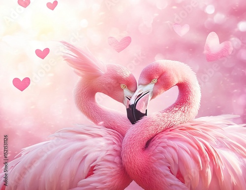 A pair of pink flamingos is showing affection by putting their heads together and kissing each other, with feathers flying in the air. The background of romantic pink-feathered birds forms an adorable