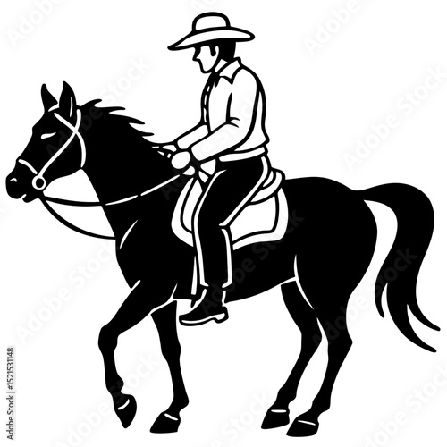 Black vector silhouette of a cowboy riding a horse, an equestrian sport illustration