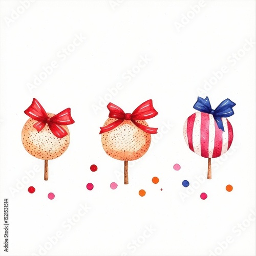 Watercolor Cake Pops with Red and Blue Bows and Colorful Dots