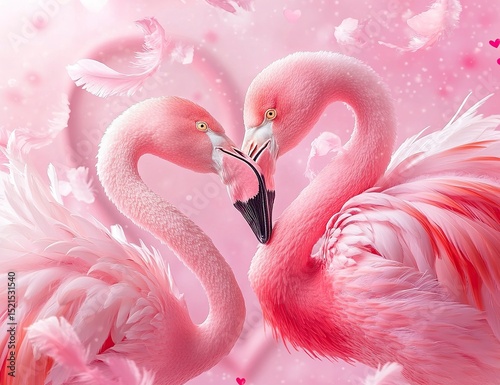 A pair of pink flamingos is showing affection by putting their heads together and kissing each other, with feathers flying in the air. The background of romantic pink-feathered birds forms an adorable