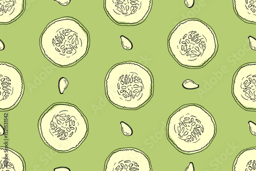 Seamless pattern of round cucumber slices on a green background in doodle style. Vector background for banners about healthy eating, for packaging cosmetics, spas, kitchens, clothes.