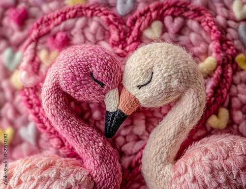 A pair of pink flamingos is showing affection by putting their heads together and kissing each other, with feathers flying in the air. The background of romantic pink-feathered birds forms an adorable