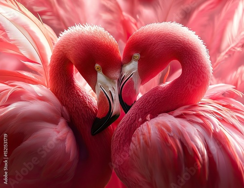 A pair of pink flamingos is showing affection by putting their heads together and kissing each other, with feathers flying in the air. The background of romantic pink-feathered birds forms an adorable