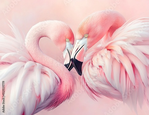 A pair of pink flamingos is showing affection by putting their heads together and kissing each other, with feathers flying in the air. The background of romantic pink-feathered birds forms an adorable