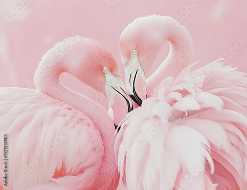 A pair of pink flamingos is showing affection by putting their heads together and kissing each other, with feathers flying in the air. The background of romantic pink-feathered birds forms an adorable