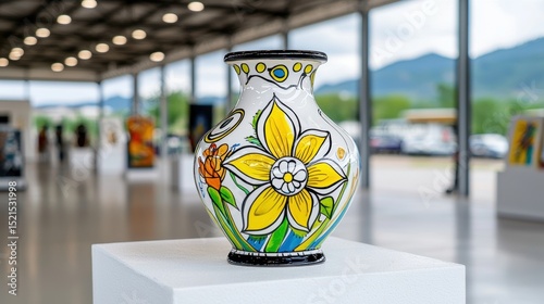 Vibrant Yellow Floral Ceramic Vase in Modern Art Gallery