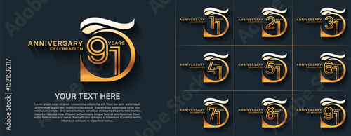 Anniversary logo type set with double line number. golden color for celebration event