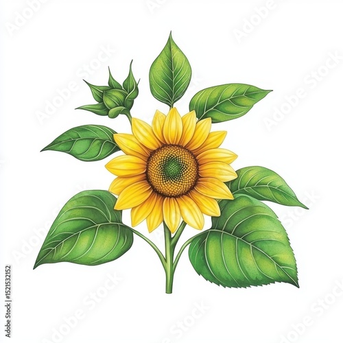 Vibrant Yellow Sunflower Botanical Illustration with Green Leaves on White