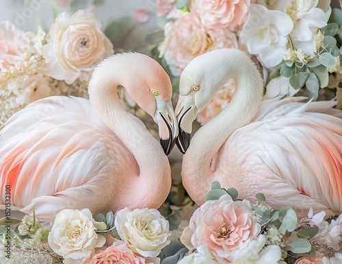 A pair of pink flamingos is showing affection by putting their heads together and kissing each other, with feathers flying in the air. The background of romantic pink-feathered birds forms an adorable