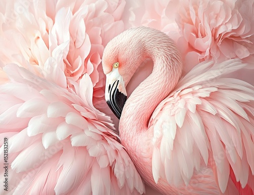 A pair of pink flamingos is showing affection by putting their heads together and kissing each other, with feathers flying in the air. The background of romantic pink-feathered birds forms an adorable