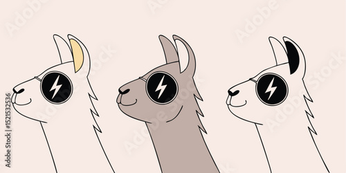 Three llamas wearing cool sunglasses with lightning bolt accents