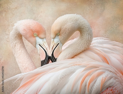A pink flamingo couple in love, their necks forming the shape of a heart as they gaze at each other with affectionate eyes. The background is blurred to focus on them, and soft lighting accentuates th