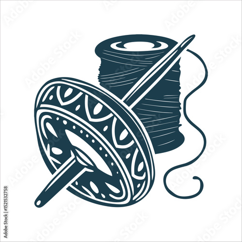 Spindle Whorl drop spindle with thread unraveling into a serpentine shape for fate weaving Drop Spindle and Thread Illustration