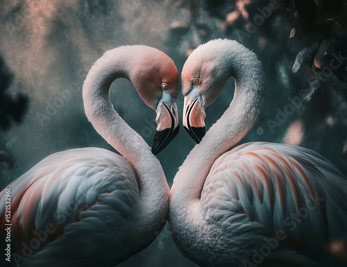 A pink flamingo couple in love, their necks forming the shape of a heart as they gaze at each other with affectionate eyes. The background is blurred to focus on them, and soft lighting accentuates th