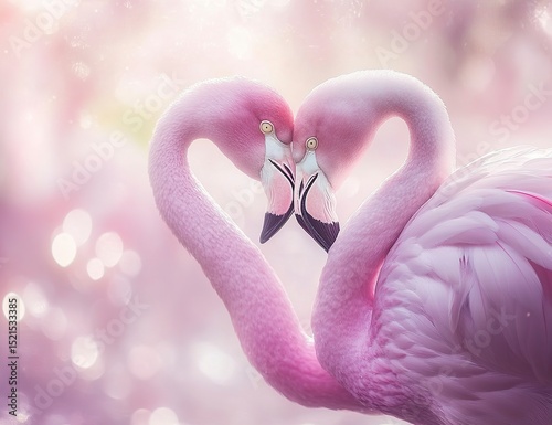 A pink flamingo couple in love, their necks forming the shape of a heart as they gaze at each other with affectionate eyes. The background is blurred to focus on them, and soft lighting accentuates th