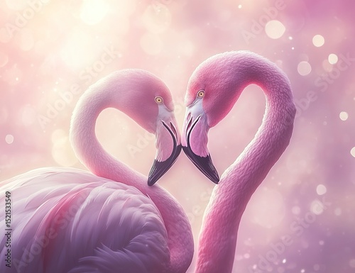 A pink flamingo couple in love, their necks forming the shape of a heart as they gaze at each other with affectionate eyes. The background is blurred to focus on them, and soft lighting accentuates th