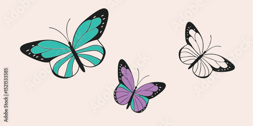 Three unique butterflies with varying colors and designs