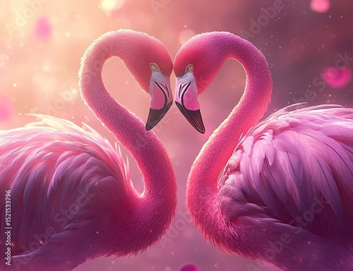 A pink flamingo couple in love, their necks forming the shape of a heart as they gaze at each other with affectionate eyes. The background is blurred to focus on them, and soft lighting accentuates th