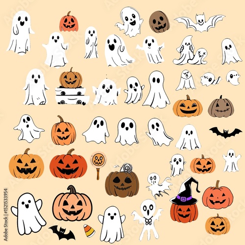 halloween seamless pattern. Halloween Clipart Collection: A large collection of cute and spooky Halloween-themed vector graphics, including ghosts, pumpkins, bats, and candy. Perfect for creating card