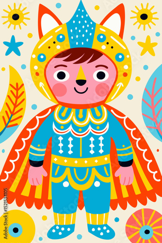 Child dressed as a fox wearing colorful costume in a whimsical background, Concept of children's drawing  