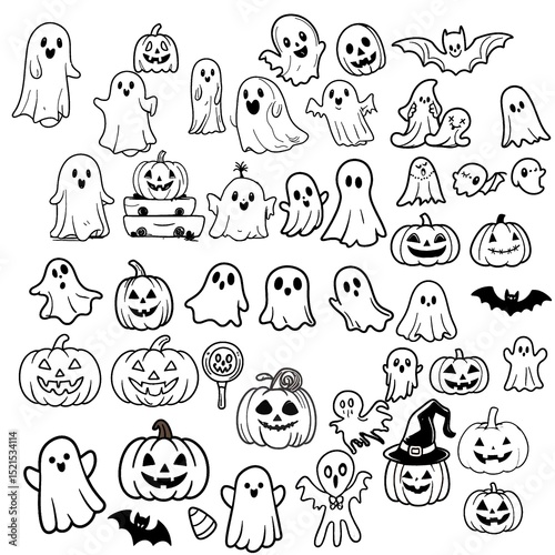 halloween seamless pattern. Halloween Clipart Collection: A large collection of cute and spooky Halloween-themed vector graphics, including ghosts, pumpkins, bats, and candy. Perfect for creating card