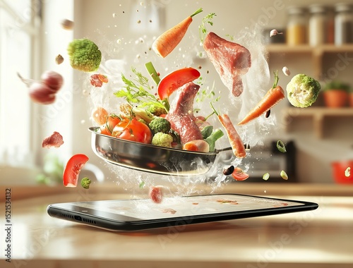 A smartphone with an open screen showing cooking elements flying out of the phone. In the foreground, there is a chef's hand holding a pan from which various vegetables, fish, and/or meat appear to be