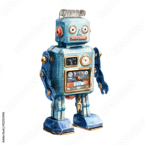 A single watercolor vintage tin robot with a wind-up key