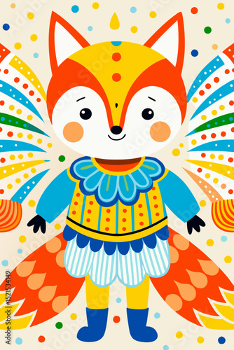 Colorful fox character in playful costume with vibrant patterns  