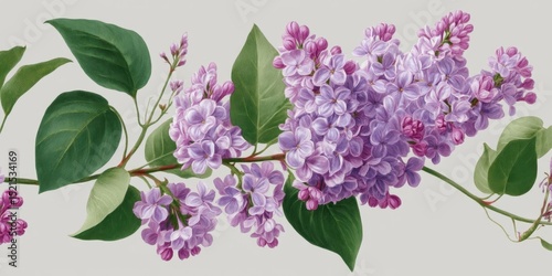 Panoramic Illustration of Lilac Flower Branch with Vibrant Pastel Purple Blooms