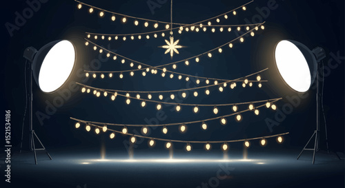 Studio Lighting Setup with String Lights and Festive Star Ornament