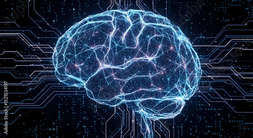 An artistic digital representation of a brain formed by glowing nodes and connections, symbolizing AI and neuroscience.