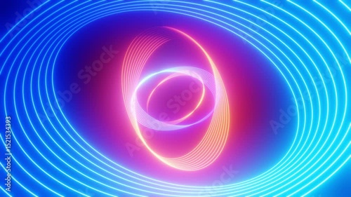 Tunnel with oval shape blue and orange neon lights - 3D 4k animation (3840x2160px)