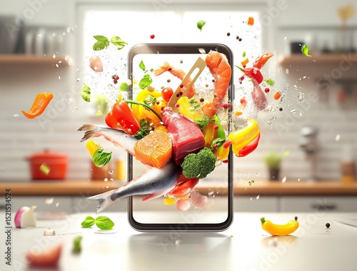 A smartphone with an open screen showing cooking elements flying out of the phone. In the foreground, there is a chef's hand holding a pan from which various vegetables, fish, and/or meat appear to be