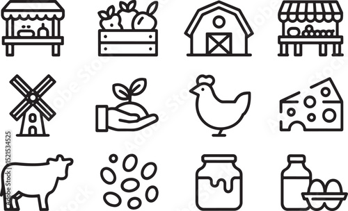 Farm Fresh Produce and Local Market Agriculture Line Icon Set
