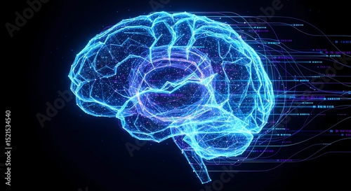 An artistic digital representation of a brain formed by glowing nodes and connections, symbolizing AI and neuroscience. ai generated