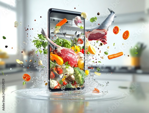 A smartphone with an open screen showing cooking elements flying out of the phone. In the foreground, there is a chef's hand holding a pan from which various vegetables, fish, and/or meat appear to be