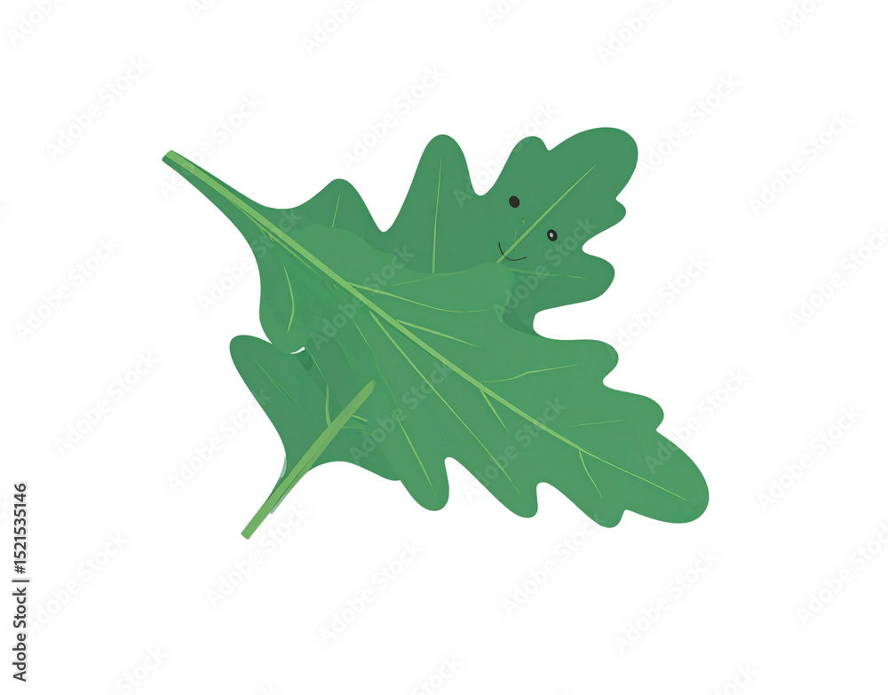 Fototapeta premium Cartoonish Green Oak Leaf with Smiling Face and Visible Veins