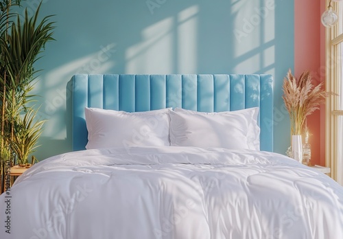 A white duvet and pillows on the bed in a bedroom interior mockup, front view. Modern home decor with comfortable furniture and a pastel blue headboard of soft fabric, with natural light from the wind