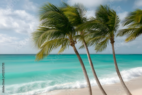 Tranquil beach scene with swaying palm trees and turquoise waters under a beautiful sky, perfect for relaxation.