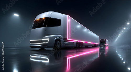 Futuristic electric truck with neon lights in an industrial setting, showcasing modern transportation innovation.