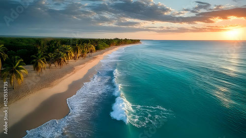 A serene beach with gentle waves, palm trees, and a colorful sunset casting beautiful reflections on the water.
