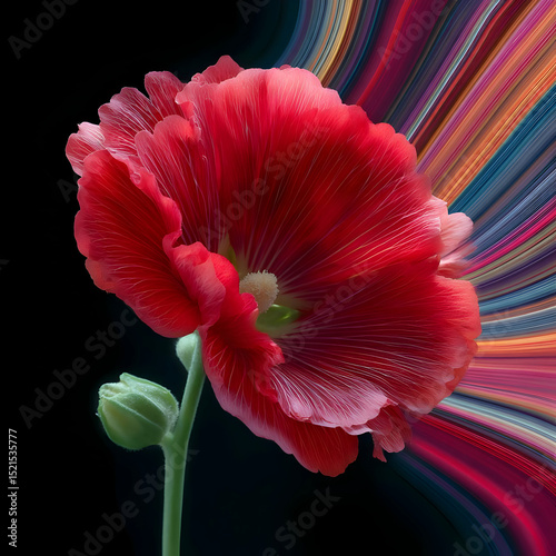 A vibrant red flower blooms against a colorful abstract background, showcasing nature's beauty and artistic flair.