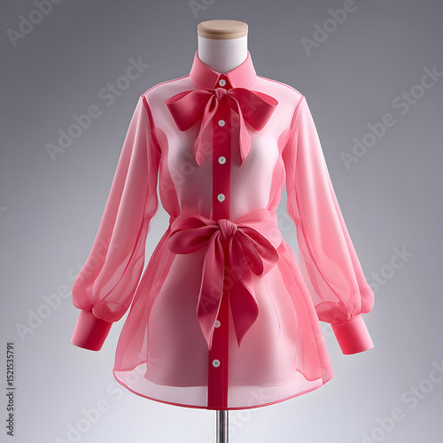 A stylish pink sheer shirt on a mannequin, showcasing modern fashion trends and elegant design.