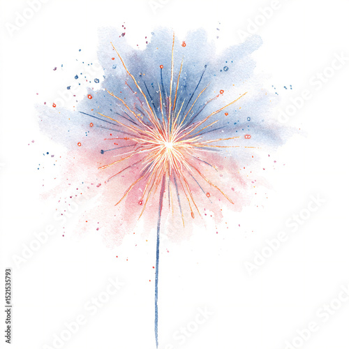 A solitary watercolor hand-painted firework spark