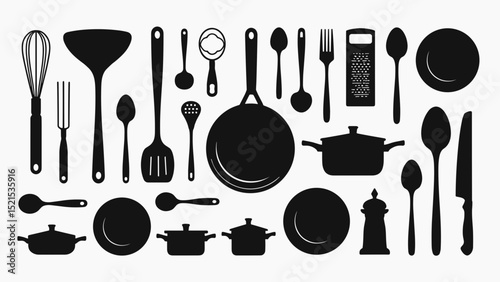 Black Kitchen Icons Set on White Background – Cooking, Utensils, and Appliance Symbols